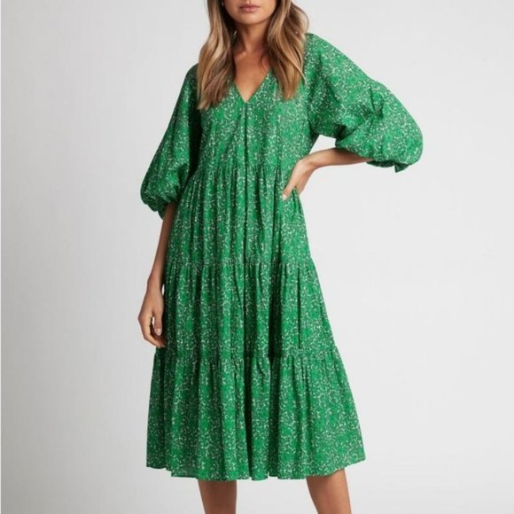 SHEIKE Clover Fields Green Floral Puff Sleeve Tiered Midi Dress NWT - Picture 3 of 16